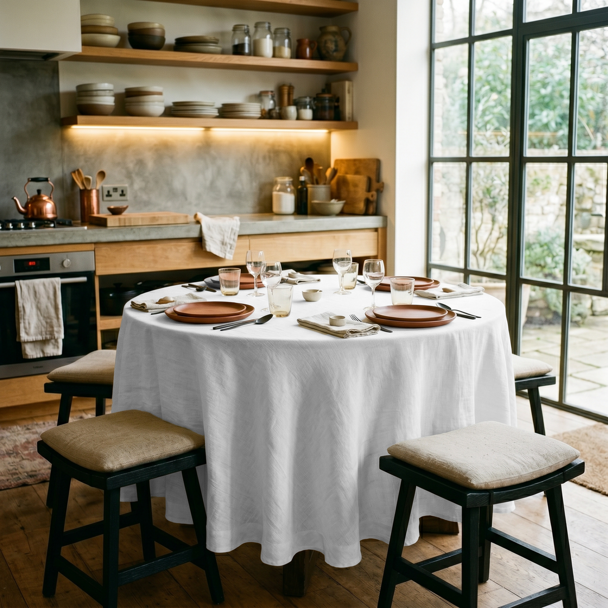 White Linen 84 Inch Round Tablecloth in a Warm Kitchen Dining Space with Open Wood Shelving and Black Wood