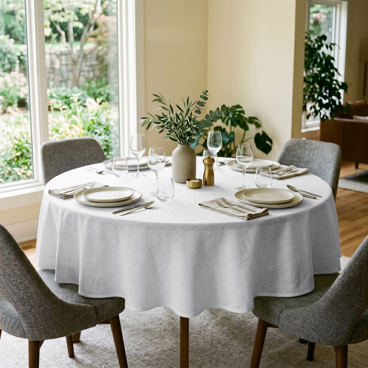 White Linen 90 Inch Round Tablecloth in a Bright Dining Room with Pale Yellow Walls and Gray Upholstery