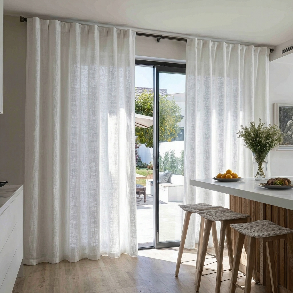 White Linen Back Tab Curtains for Sliding Doors in a Dining Room with Warm White Walls
@Heading: Back Tabs
