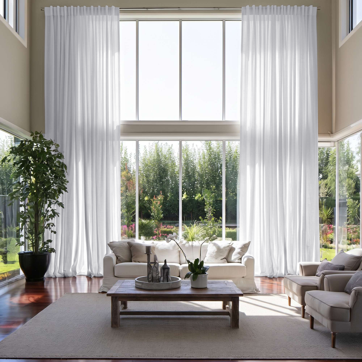 White Linen Back Tab Extra Long Curtains in a Modern Living Room with Double-Height Windows