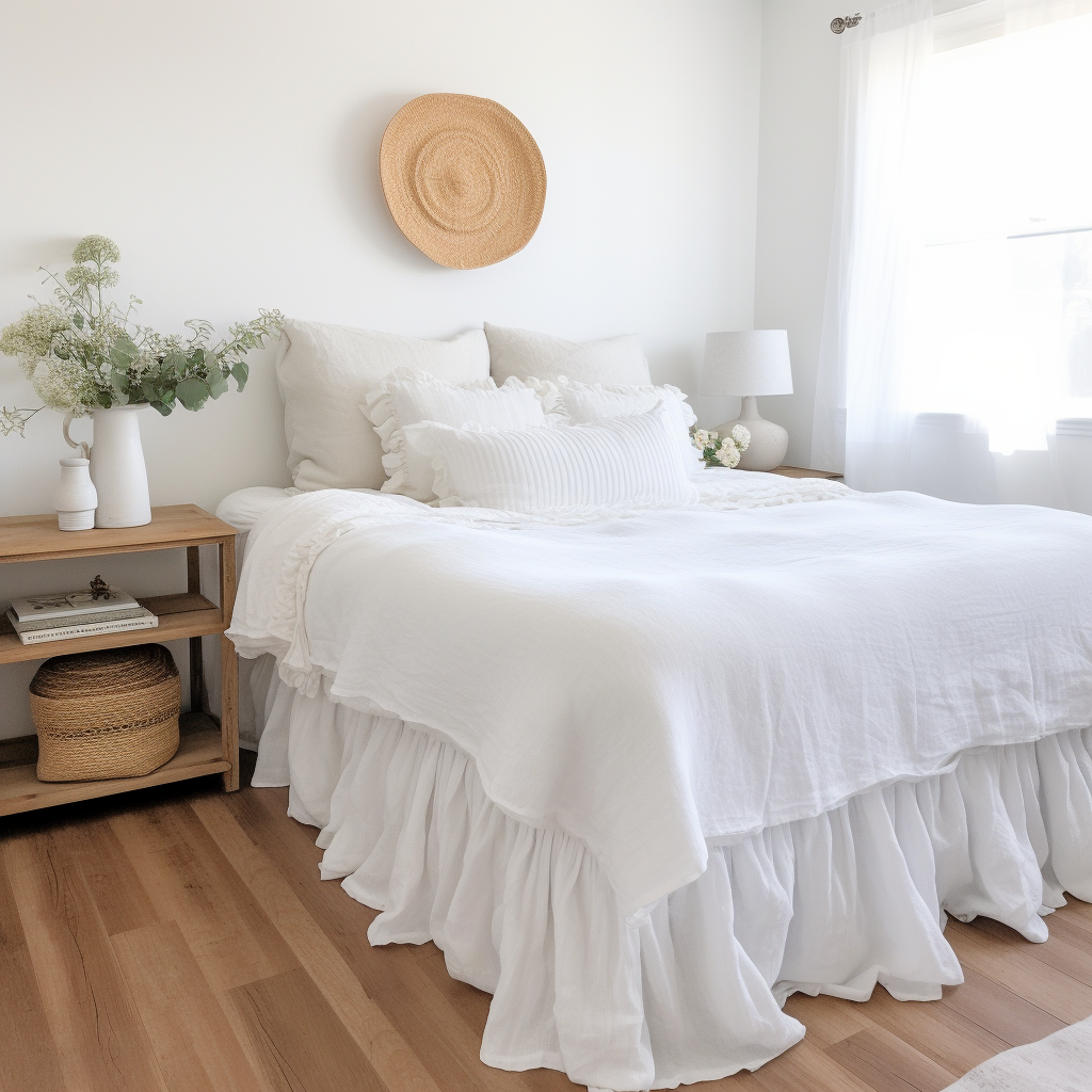 White Linen Bed Skirt with Gathered Ruffles and Cotton Decking