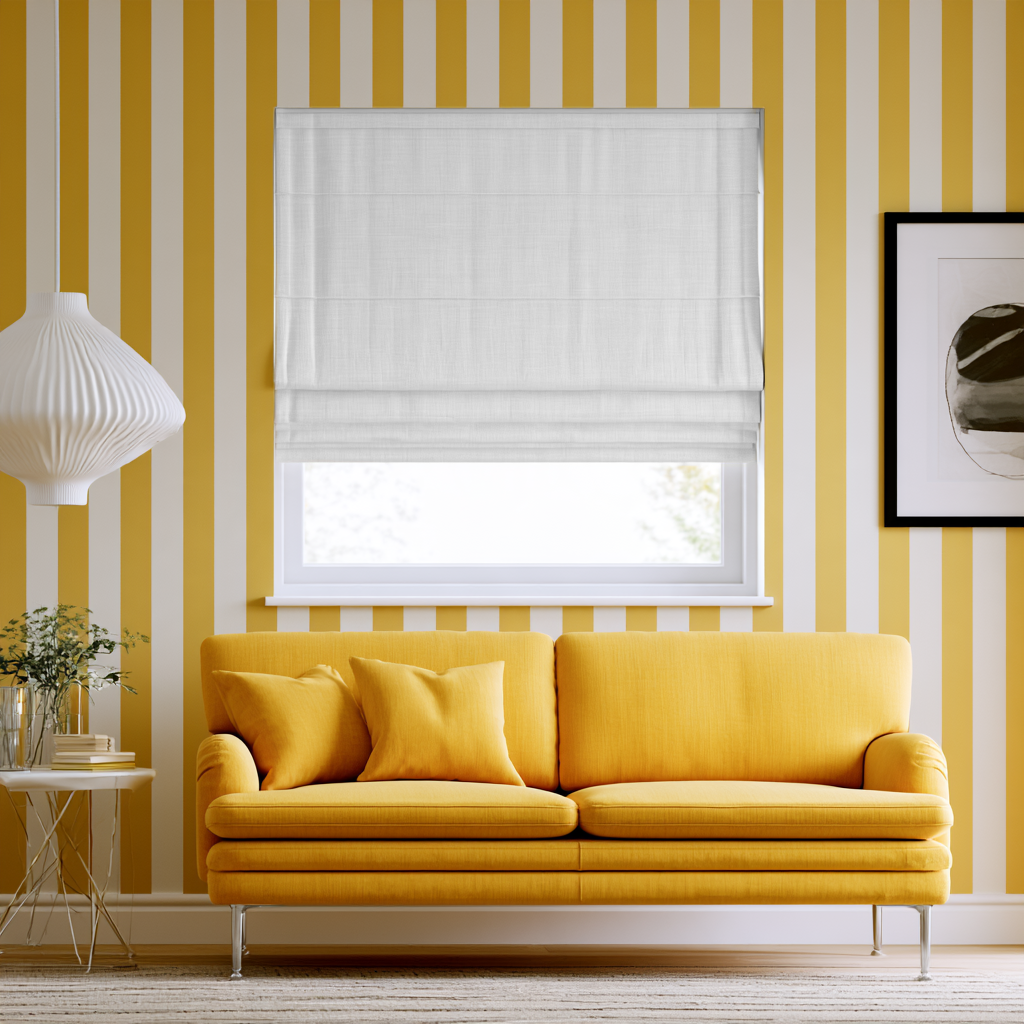 White Linen Cordless Roman Shades in a Modern Living Room with Yellow Vertical Striped Wallpaper and a Bright Yellow Sofa