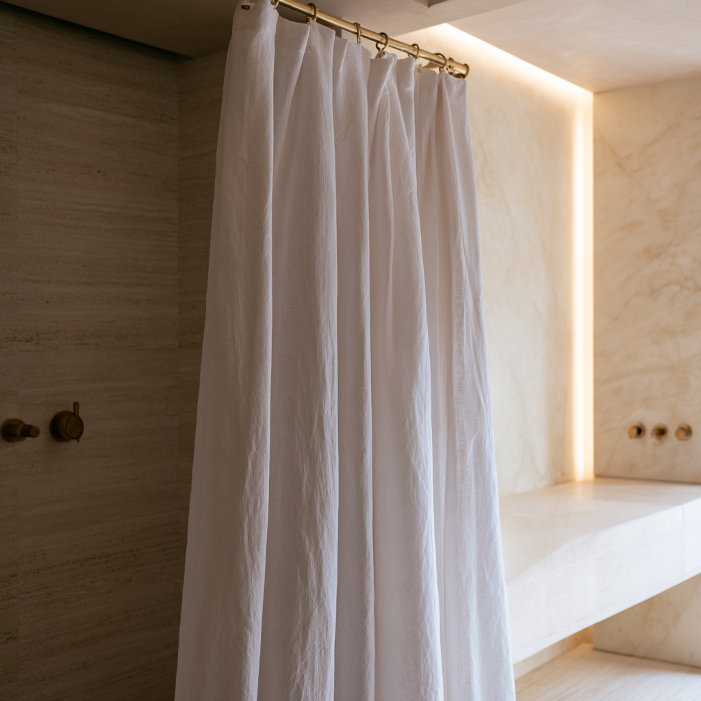 White Linen Button-Hole Top Weighted Shower Curtain in a Modern Bathroom with Beige Stone Walls