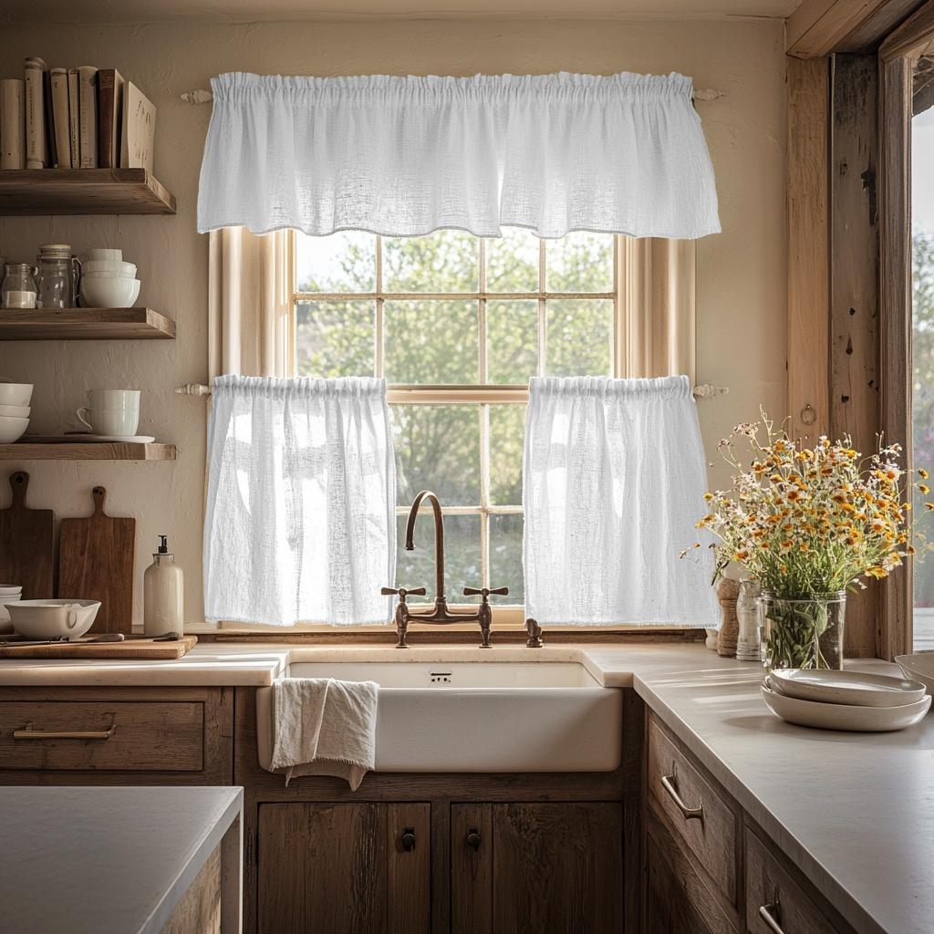 White Linen Cafe Curtains Valance Set
