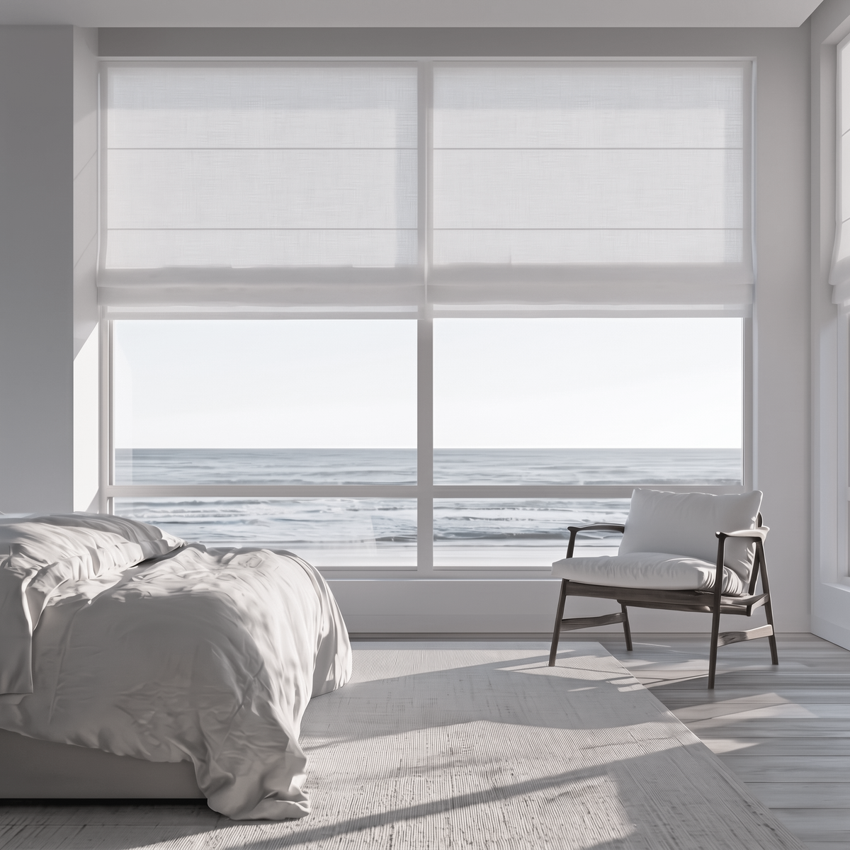 White Linen Cordless Roman Shades in a Contemporary Bedroom with Gray Walls and an Ocean View Window