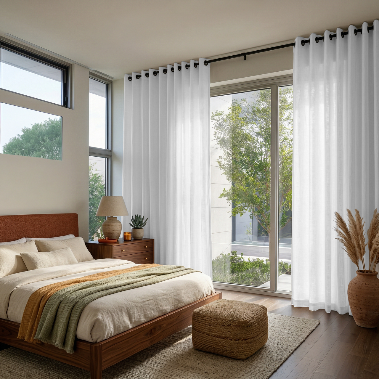 White Linen Grommet Curtains in a Bright Neutral Bedroom With a Wooden Bed