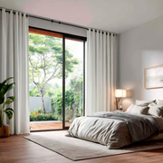 White Linen Grommet Curtains for Sliding Doors in a Living Room with Light Grey Walls - Blackout Lining
@Heading: Grommets