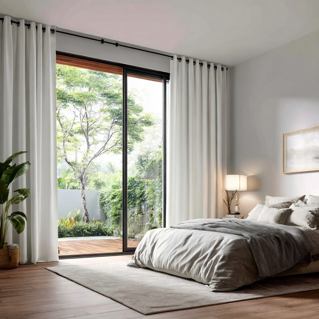 White Linen Grommet Curtains for Sliding Doors in a Living Room with Light Grey Walls - Blackout Lining
@Heading: Grommets