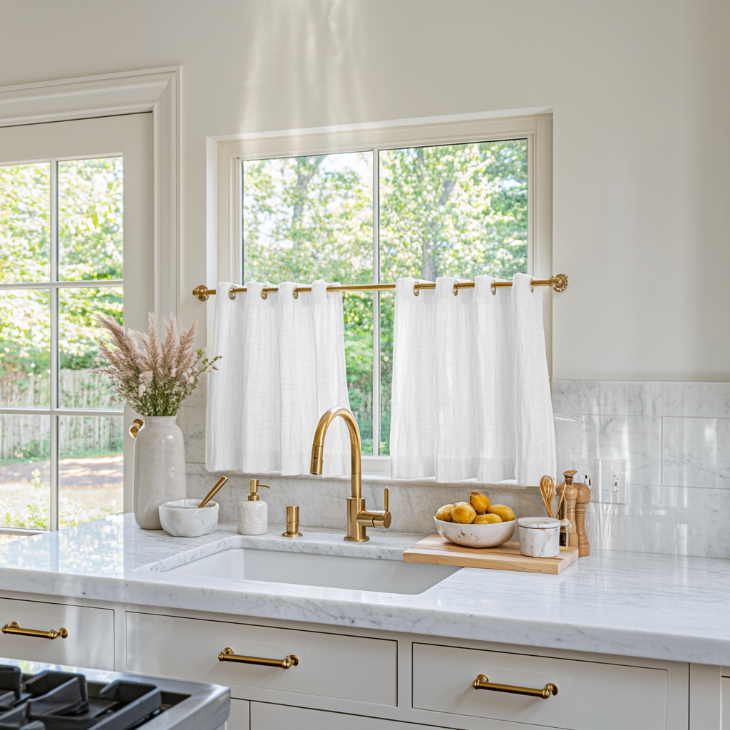 White Linen Grommet Cafe Curtains