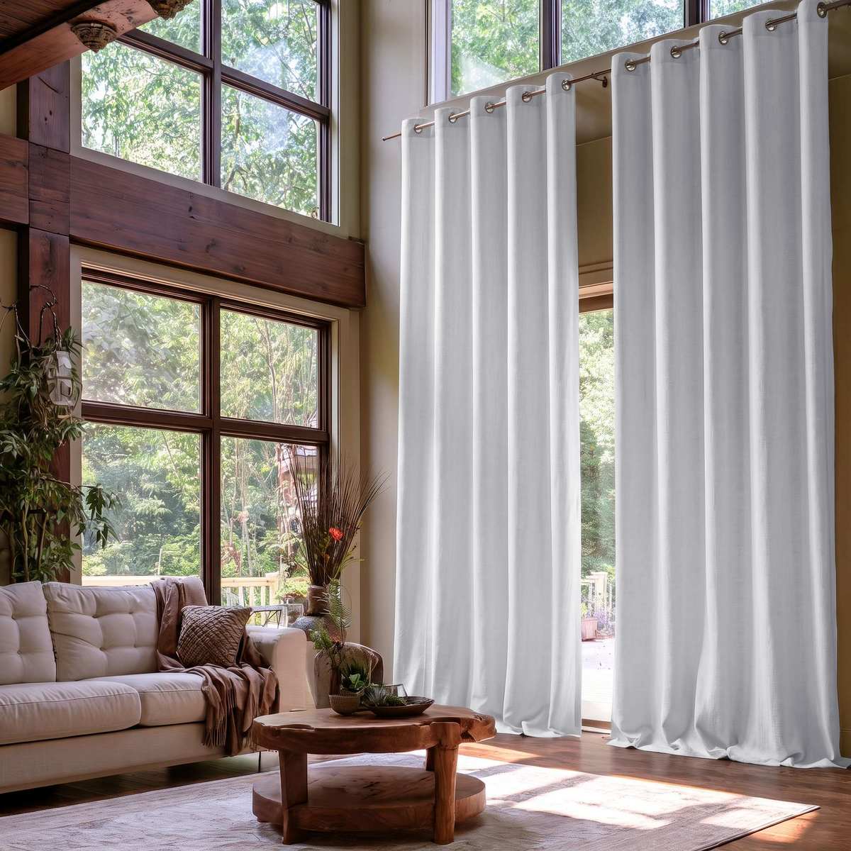 White Linen Grommet Extra Long Curtains in a Rustic Contemporary Living Room with Exposed Wood Beams and Floor-to-Ceiling Windows