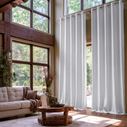 White Linen Grommet Extra Long Curtains in a Rustic Contemporary Living Room with Exposed Wood Beams and Floor-to-Ceiling Windows
