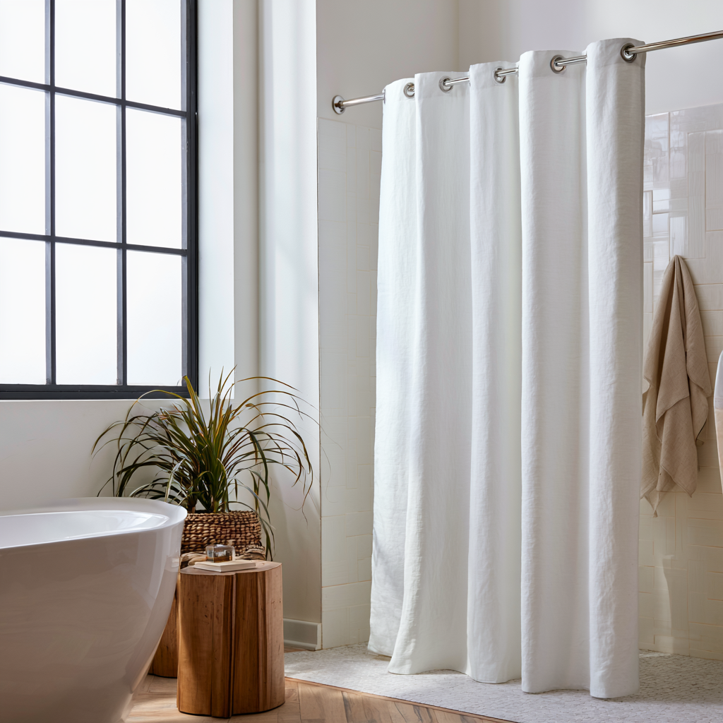 White Linen Hookless Weighted Shower Curtain Next to a Freestanding Bathtub