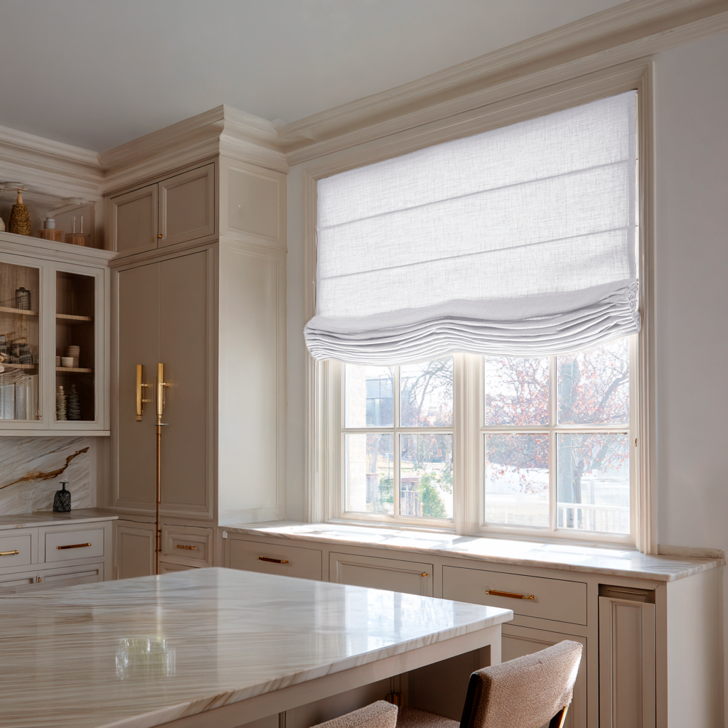 White Linen Kitchen Relaxed Roman Shades in an Elegant Kitchen with Cream Cabinetry and Marble Countertops - Cotton Lining