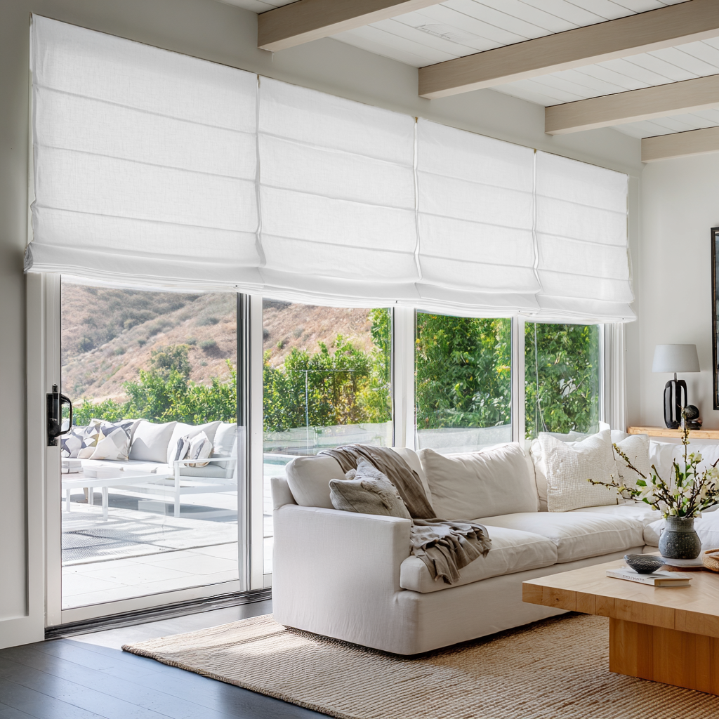White Linen Patio Door Roman Shades
