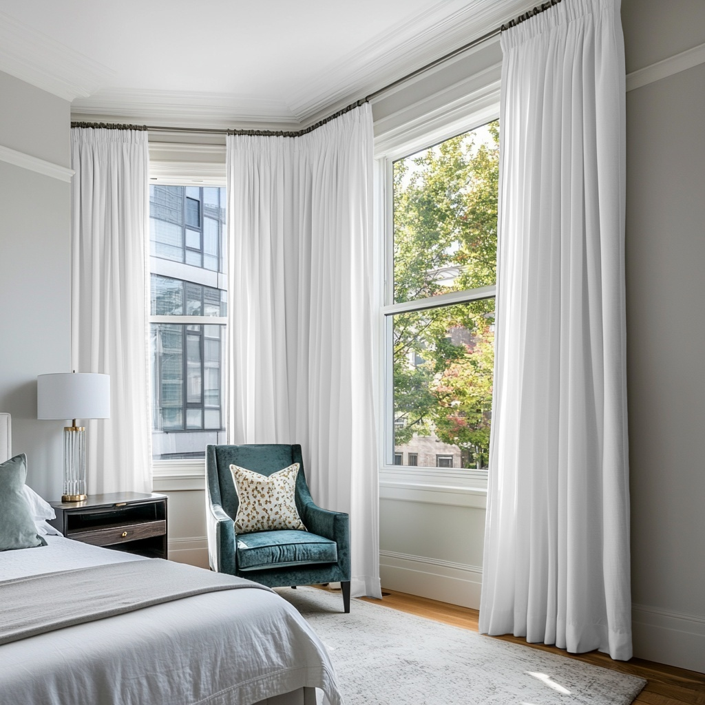 White Linen Pencil Pleat Bedroom Curtains in a Bright Classic Bedroom with Teal Velvet Chair and Powder Blue Accents - Cotton Lining