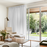 White Linen Pencil Pleat Curtains for Sliding Doors in a Living Room with Cream Walls - Cotton Lining
@Heading: Pencil Pleat