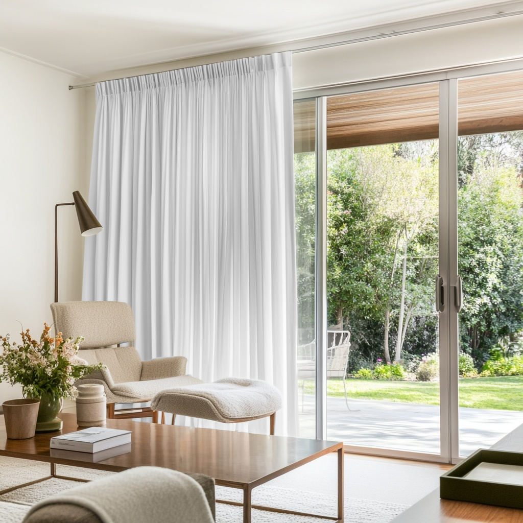 White Linen Pencil Pleat Curtains for Sliding Doors in a Living Room with Cream Walls - Cotton Lining
@Heading: Pencil Pleat