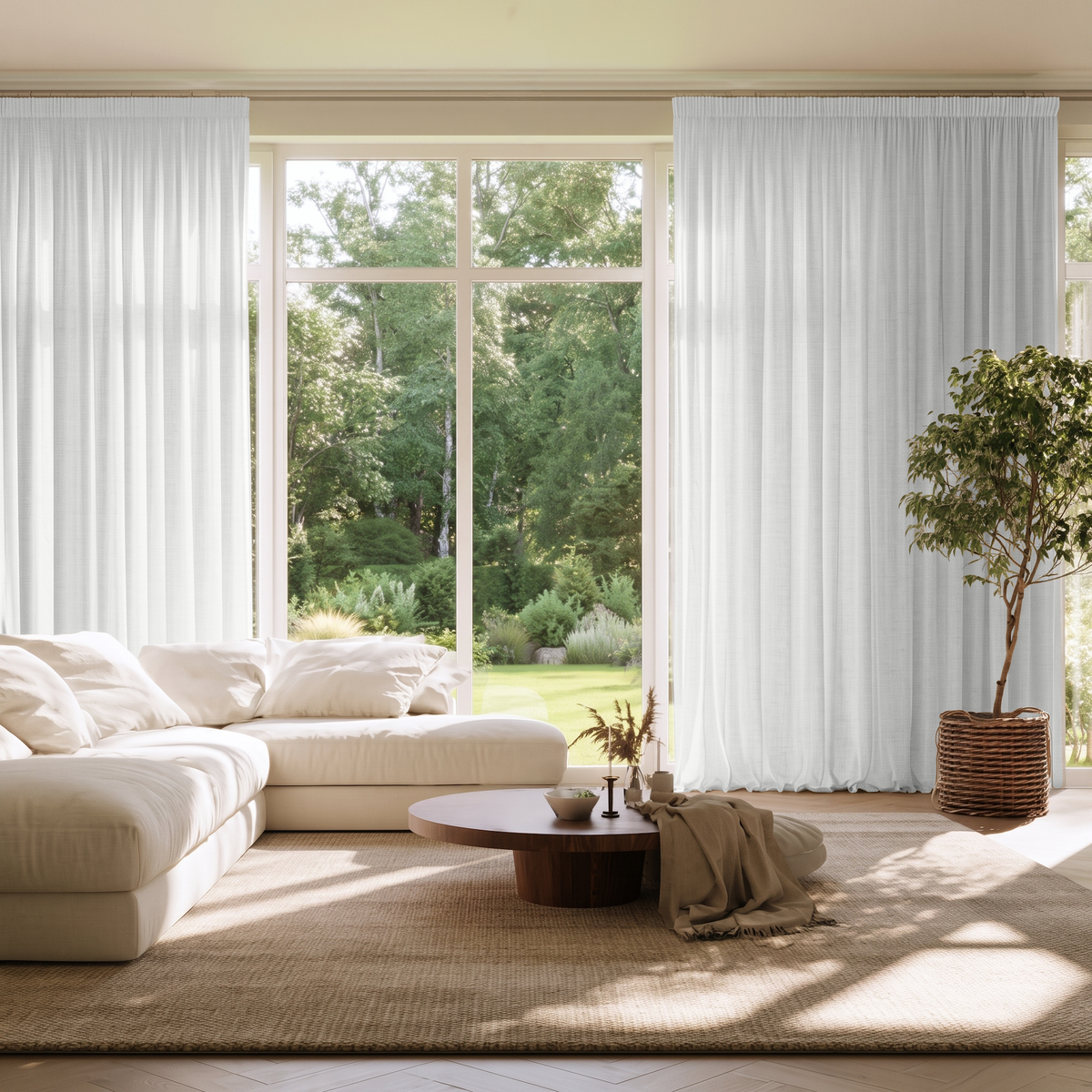 White Linen Pencil Pleat Extra Long Curtains in a Bright Contemporary Living Room with Floor-to-Ceiling Windows and Neutral Furniture