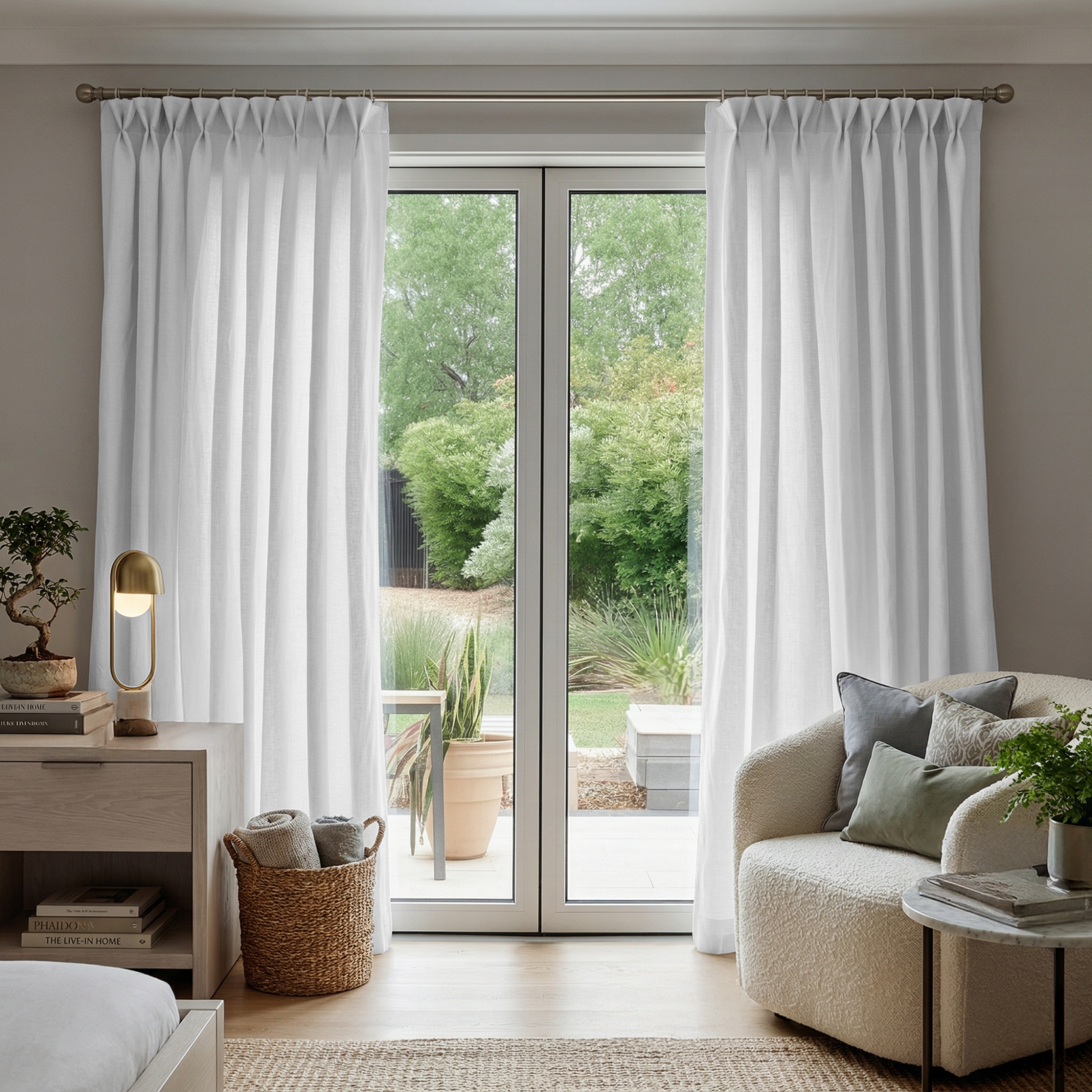 White Linen Pinch Pleat Curtains for Sliding Doors in a Living Room with Light Grey Walls - Cotton Lining
@Heading: Pinch Pleat