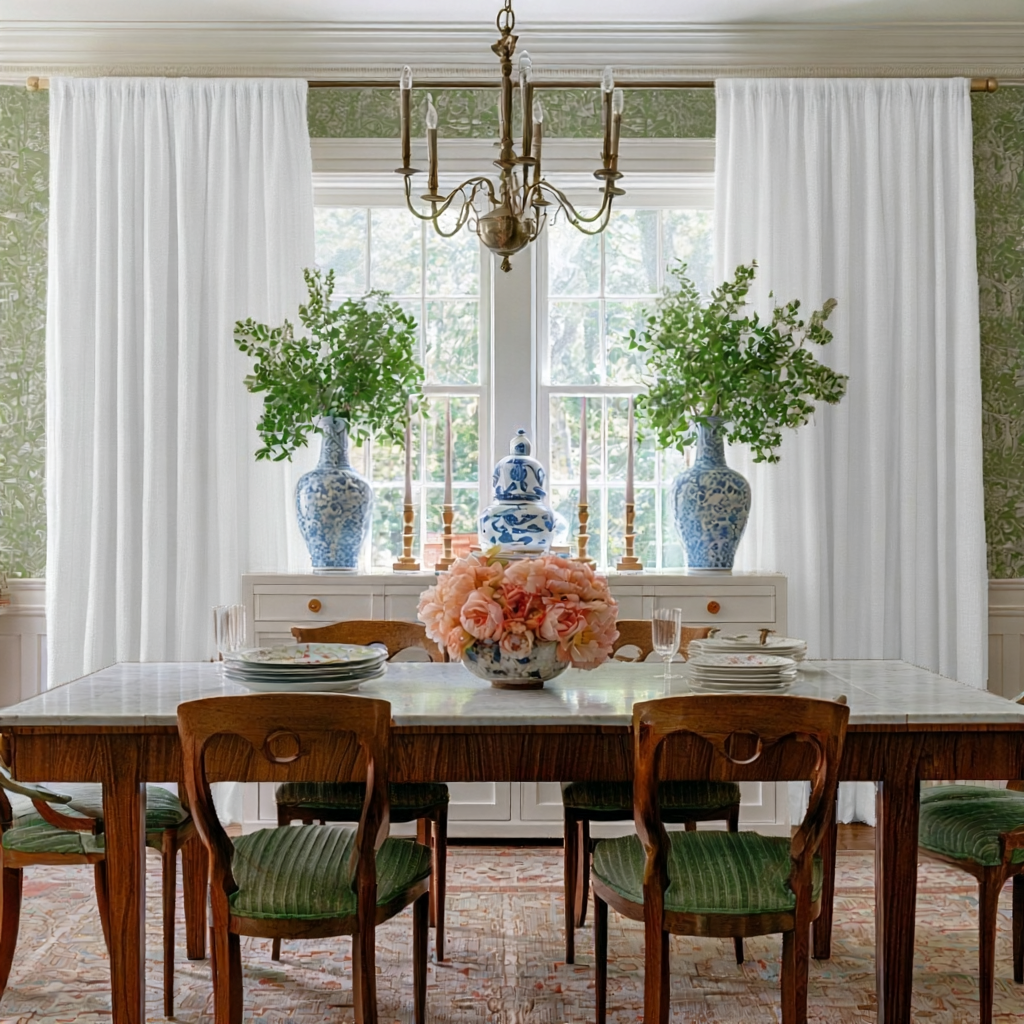 White Linen Rod Pocket Dining Room Curtain in a Traditional Dining Room with Green Botanical Wallpaper, a Marble-Topped Table and Blue Porcelain Vases - Blackout Lining