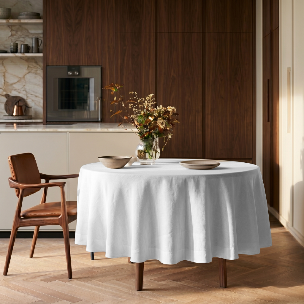 White Linen Round Tablecloth in a Warm Modern Kitchen with Walnut Cabinetry