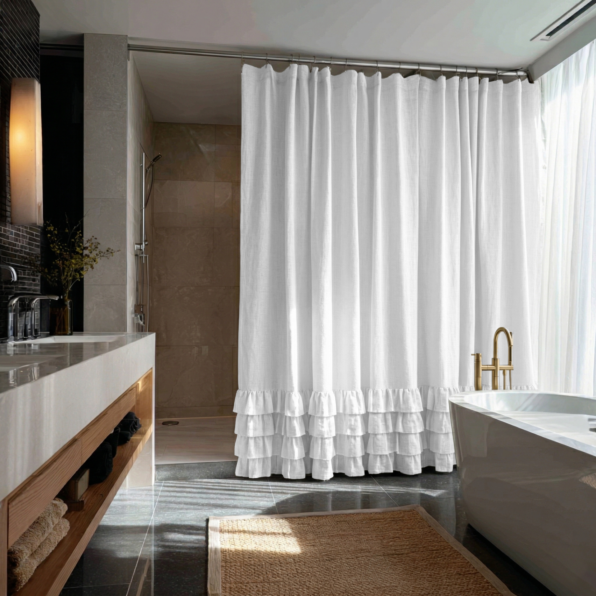 White Linen Ruffled Shower Curtain