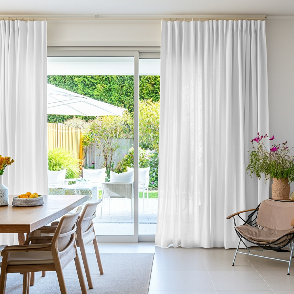 White Linen S-Fold Curtains for Sliding Doors in a Dining Room with Off-White Walls