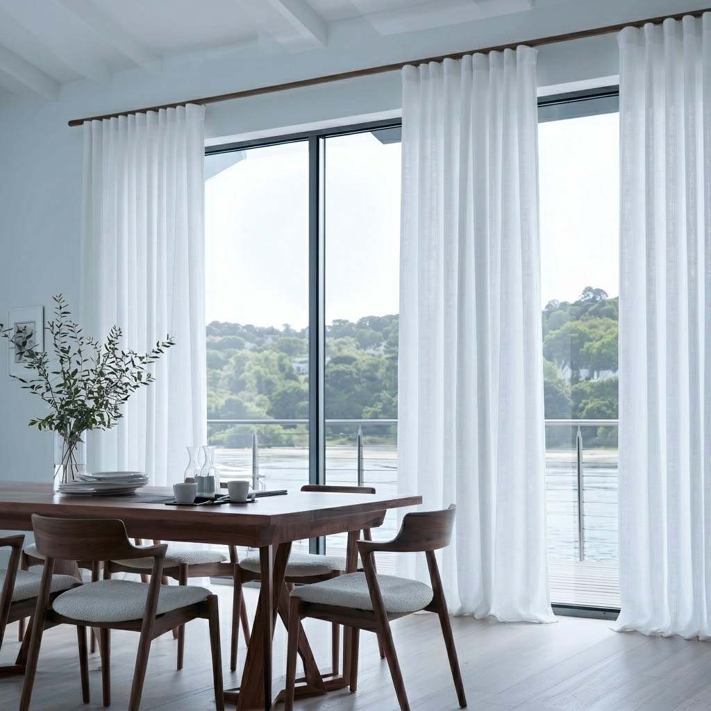 White Linen S-Fold Dining Room Curtain in a Modern Minimalist Dining Room with Light Blue-Grey Walls, a Sleek Wooden Table and a Waterfront View.