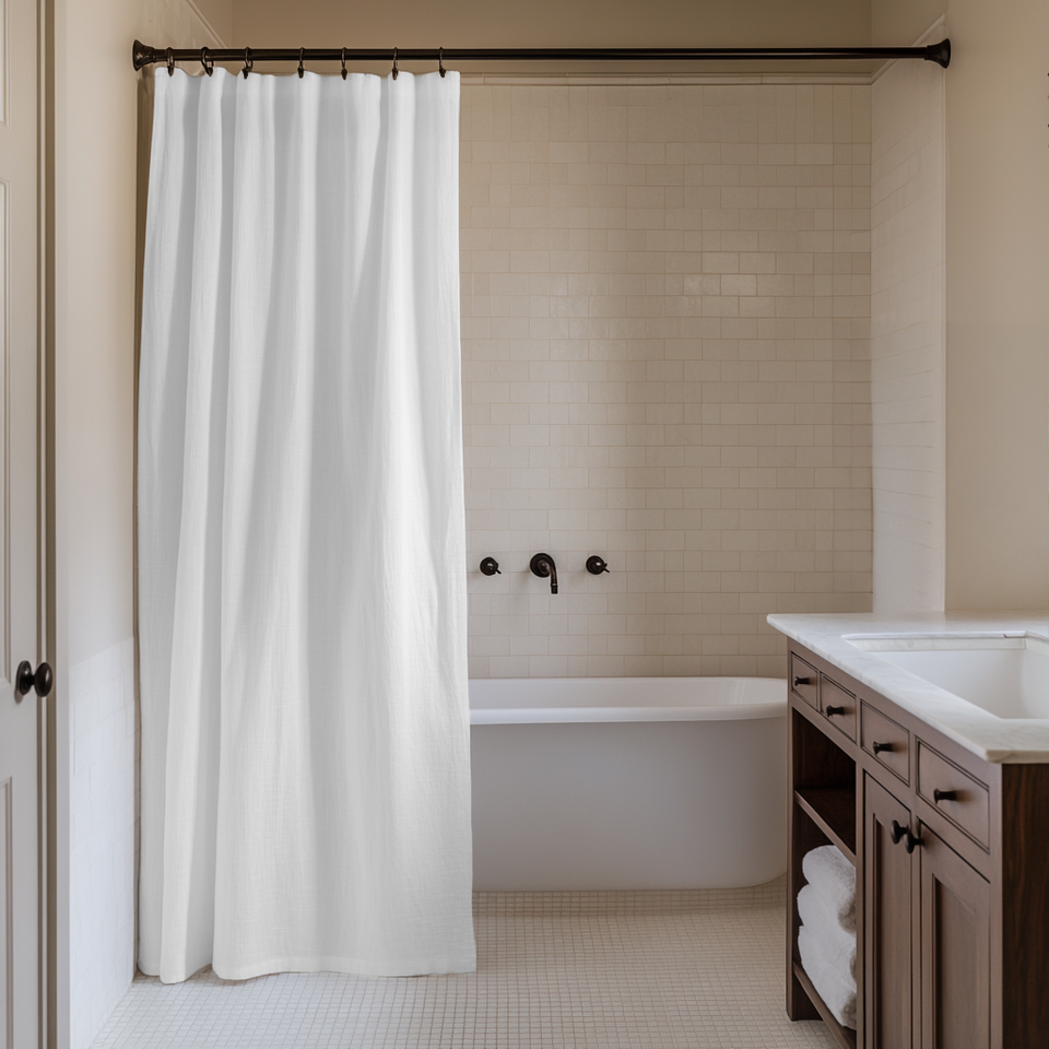 White Linen Shower Curtain – Extra Long Linen Shower Panel – 3HLinen Inc.