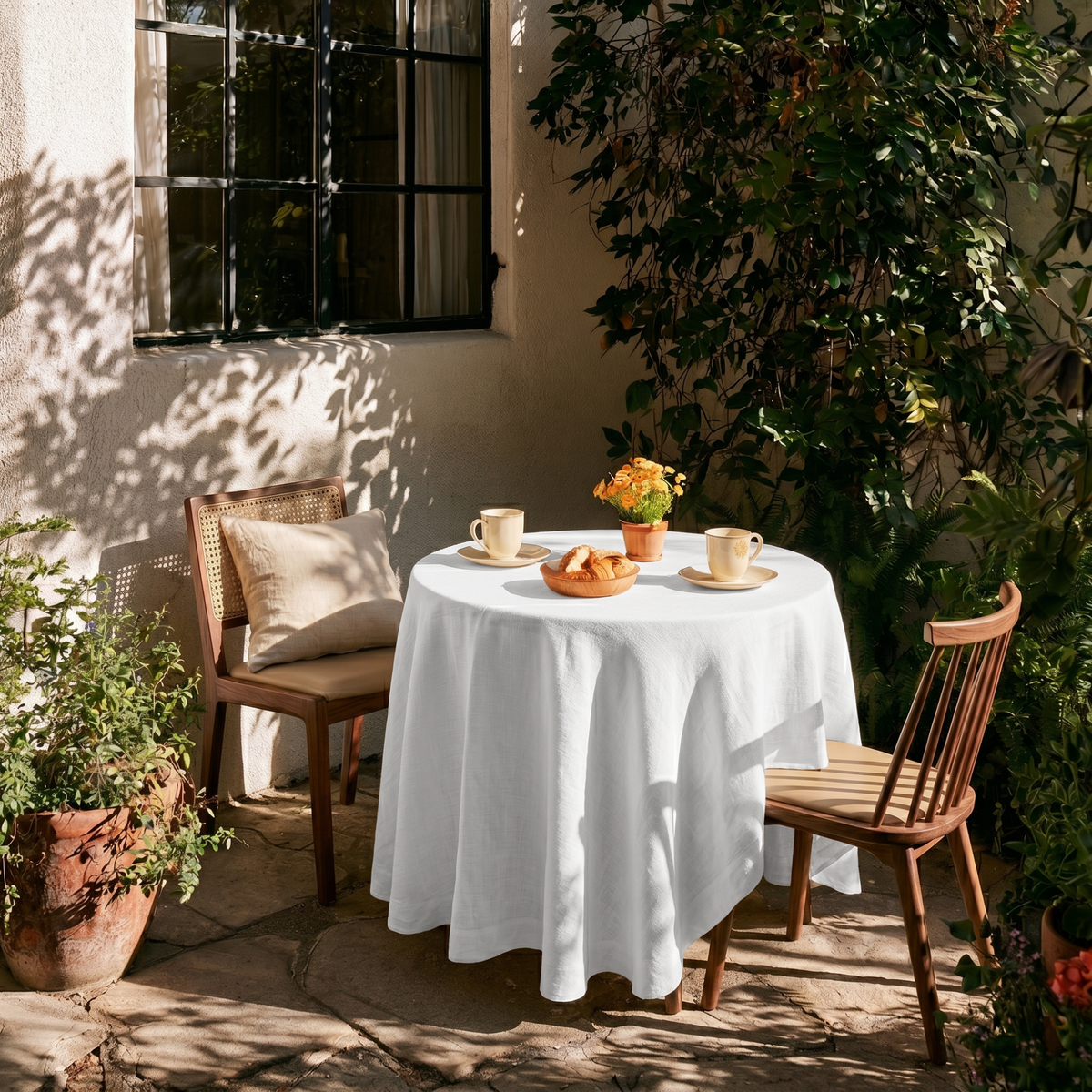 White Linen Round Tablecloth in a Sunlit Patio Dining Space with Walnut Wood Chairs