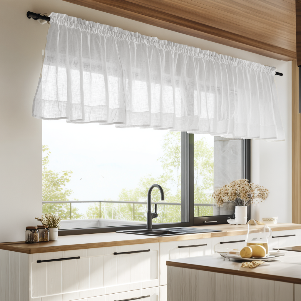 White Sheer Linen Kitchen Valance