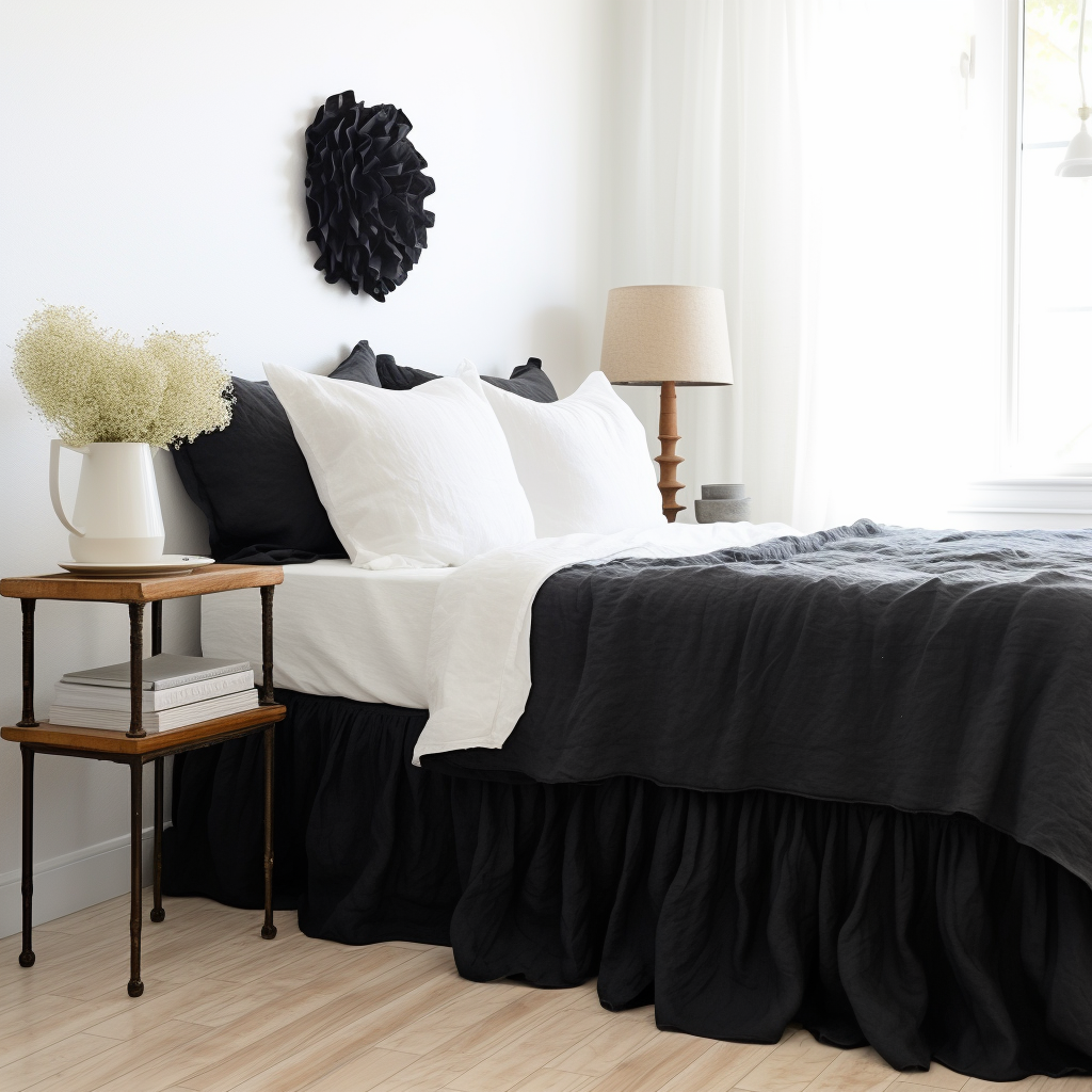 Black Linen Bed Skirt with Gathered Ruffles