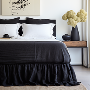 Black Linen Bed Skirt with Gathered Ruffles