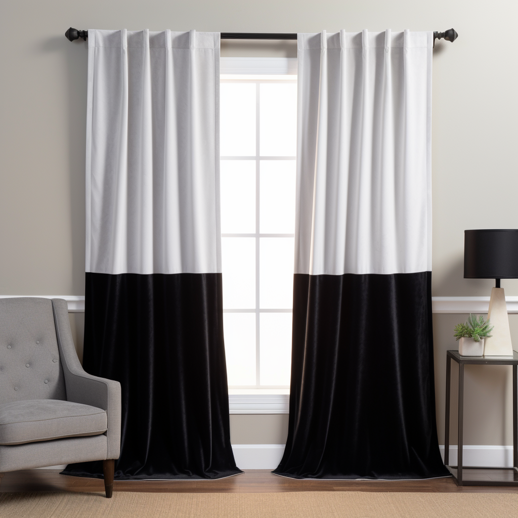 Black and White Velvet Curtain Panel With Back Tabs - Custom Length and Width