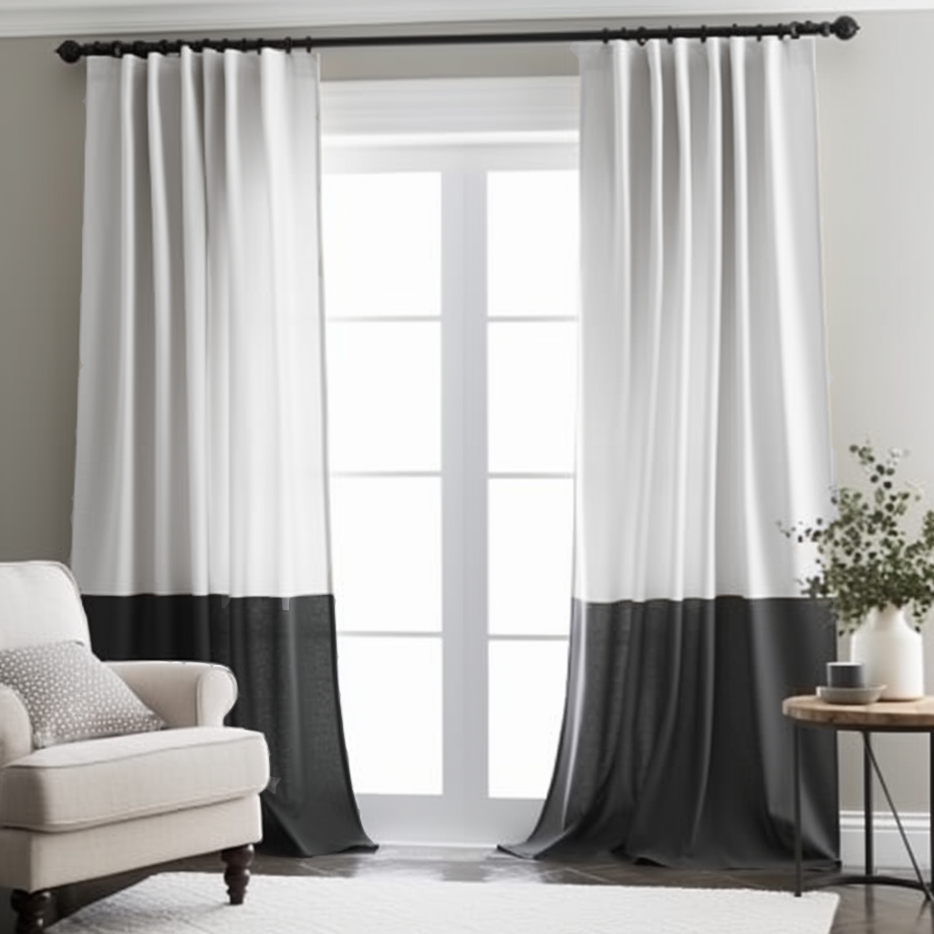 Black and White S-Fold Linen Curtain Panel - Custom Width and Length