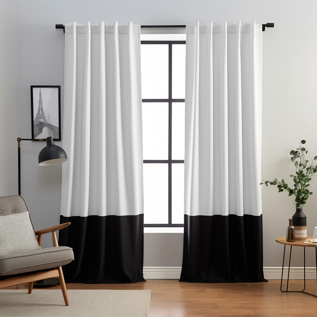 Black and White Color Block Back Tab Linen Curtain Panel with Blackout Lining - Custom Width and Length