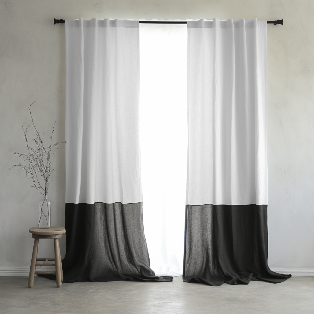 Black and White Color Block Back Tabs Linen Curtain Panel - Custom Width and Length