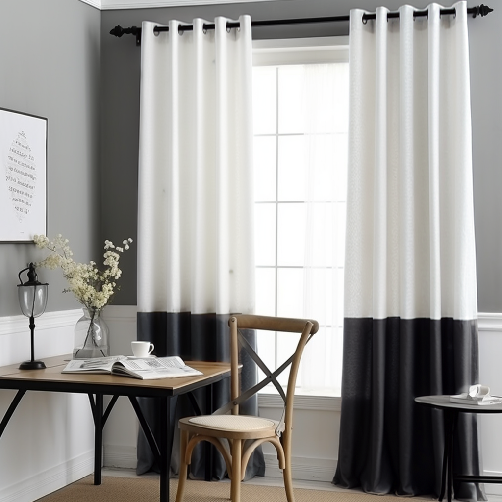 Black and White Color Block Grommets Linen Curtain Panel with Blackout Lining - Custom Width and Length