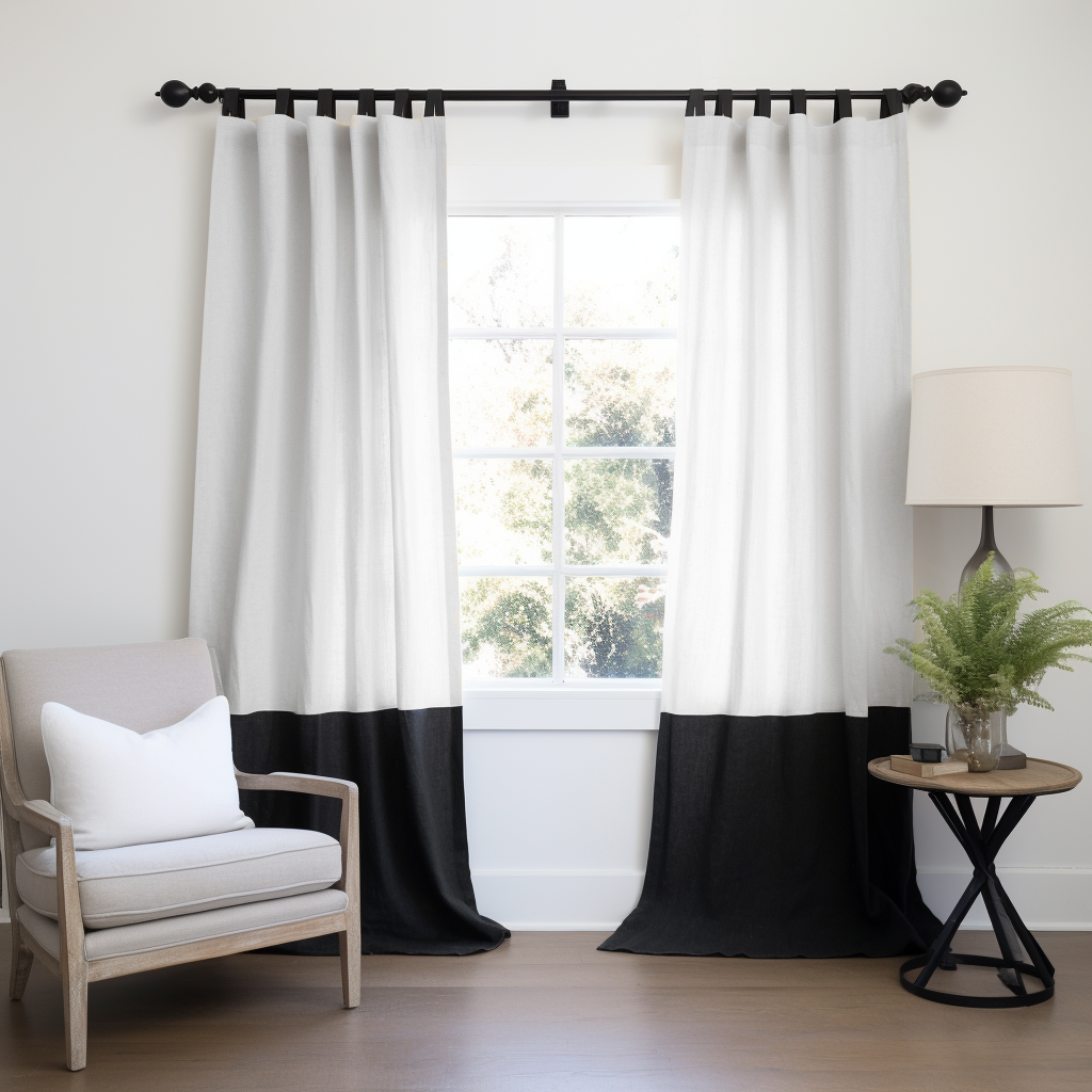 Black and White Color Block Tab Top Linen Curtain Panel - Cusom Width and Length