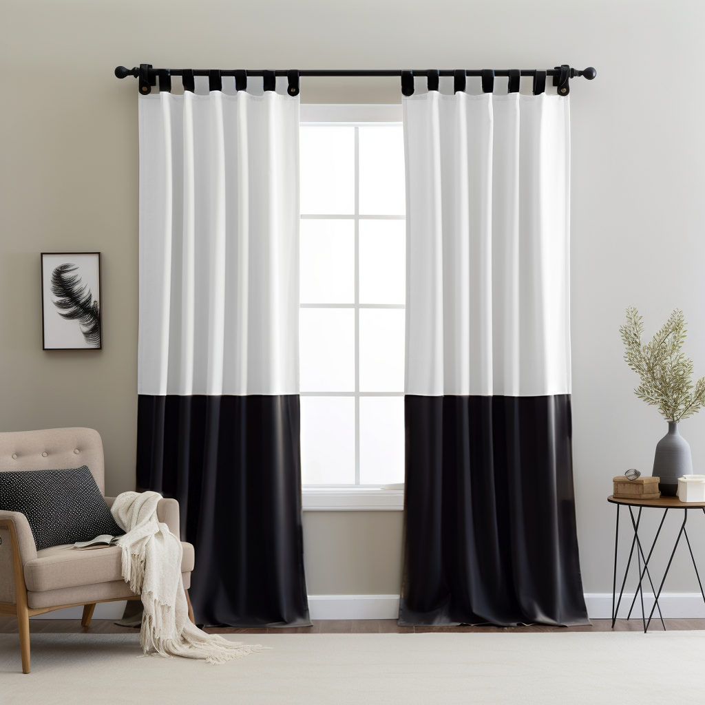 Black and White Color Block Tab Top Linen Curtain Panel with Blackout Lining - Cusom Width and Length