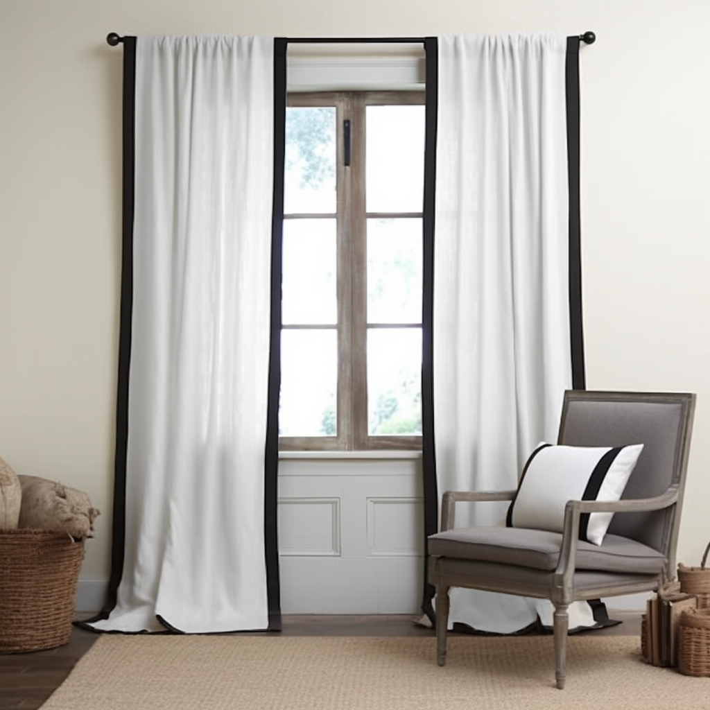 Black and White Frame Border Rod Pocket Linen Curtain Panel with Cotton Lining - Custom Width and Length