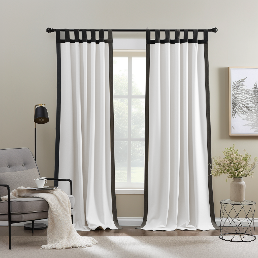 Black and White Frame Border Tab Top Linen Curtain Panel with Blackout Lining - Custom Width and Length