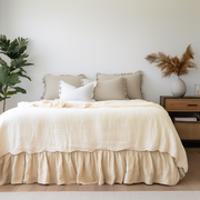 Cream Linen Bed Skirt with Gathered Ruffles and Cotton Decking - Various Mattress Sizes and Drop, Color: Cream