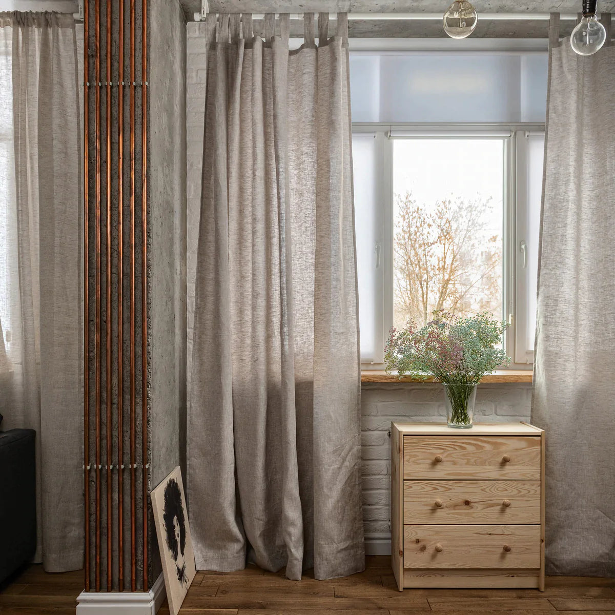 Linen Tab Top Curtains with Cotton Lining, Color: Natural