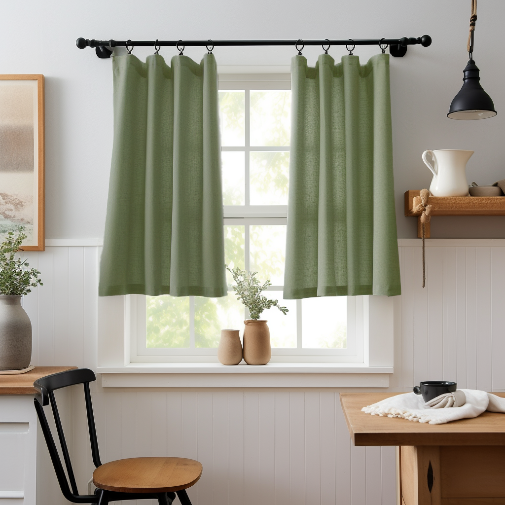 Green Linen Kitchen Cafe Curtains - Heading for Rings and Hooks - Custom Sizes & Colors - Set of 2 Curtains