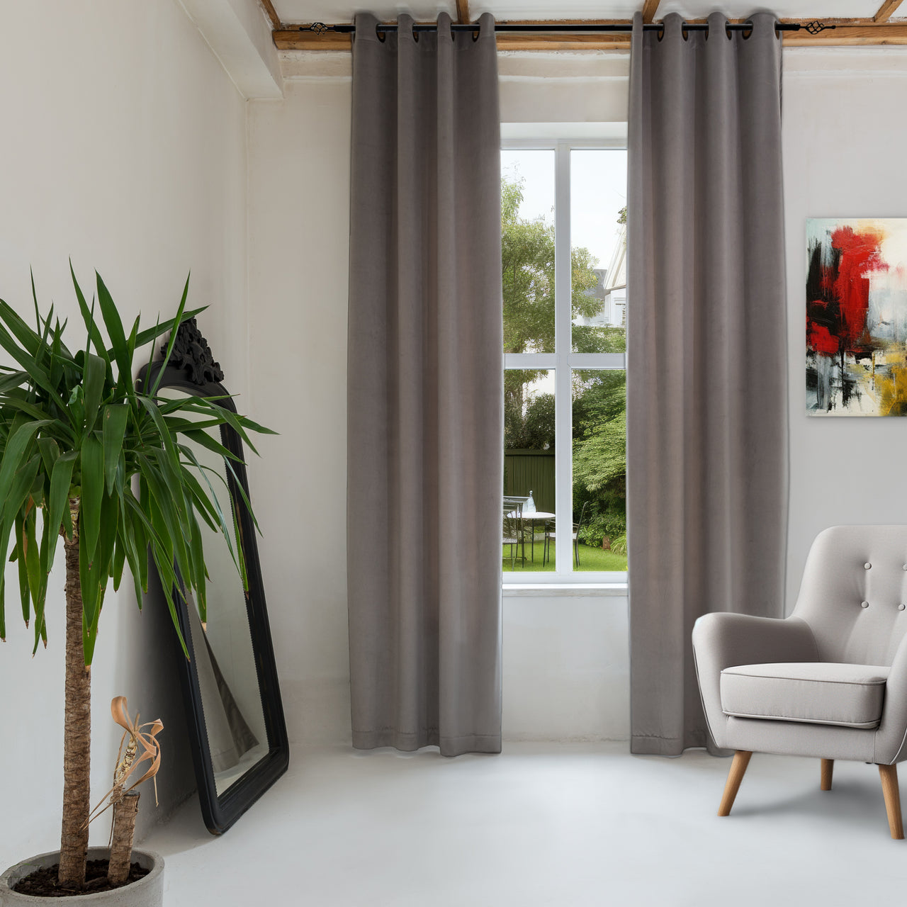 Grey Velvet Grommet Curtain with Blackout Lining - Custom Sizes and Colors