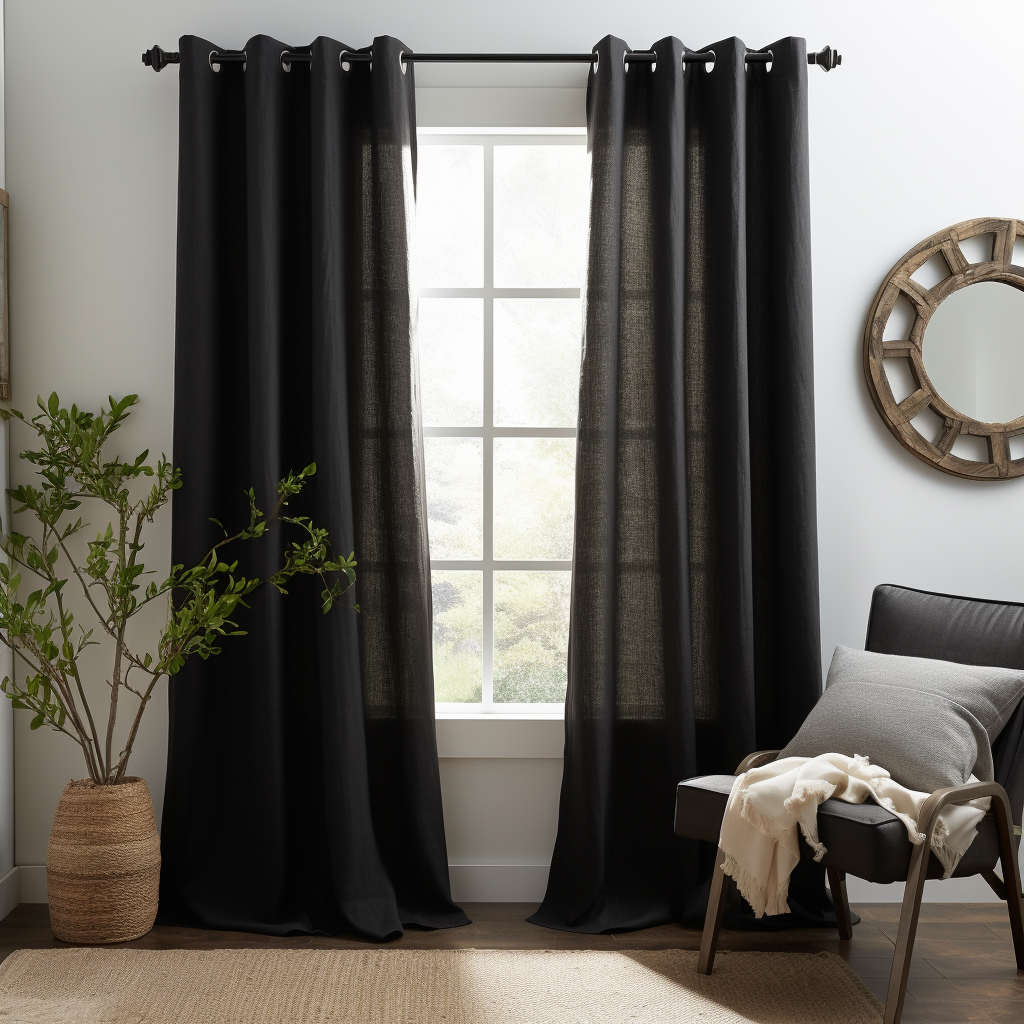 Grommet Top Black Linen Curtain Panel - Eyelet Window Treatments - Natural 100% Linen Drapery