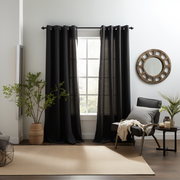 Grommet Top Black Linen Curtain Panel - Eyelet Window Treatments - Natural 100% Linen Drapery