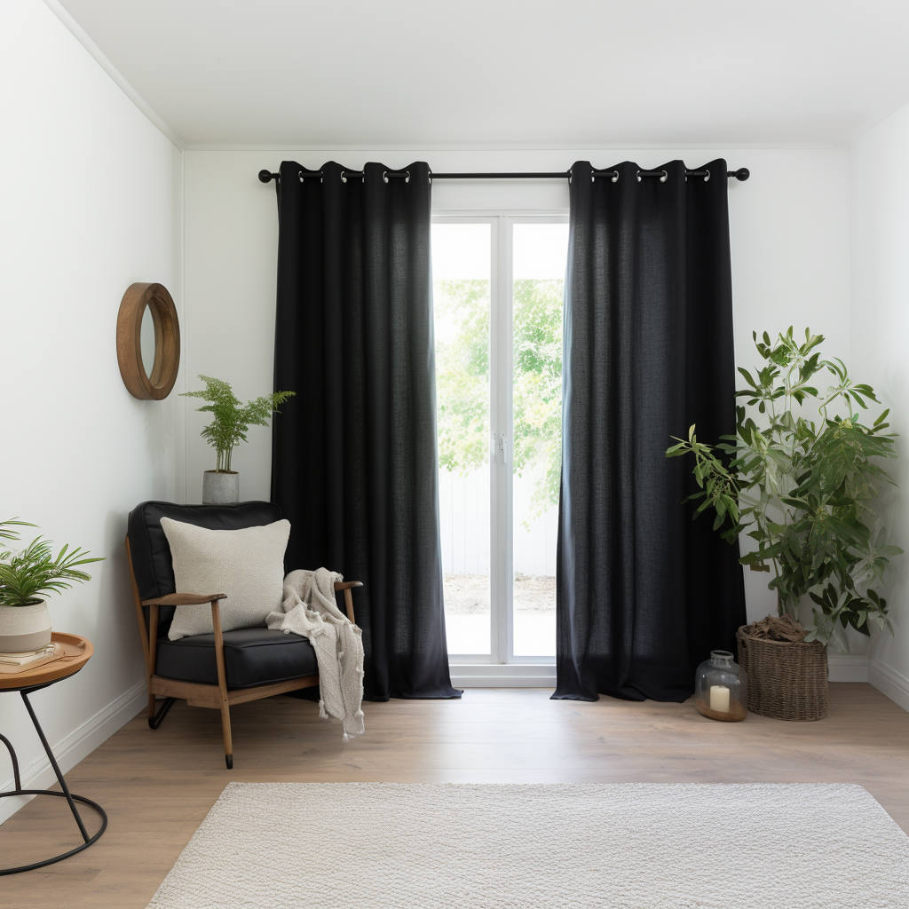 Grommet Top Black Linen Curtain Panel with Cotton Lining - Linen Window Treatments - Eyelet Top Drapes
