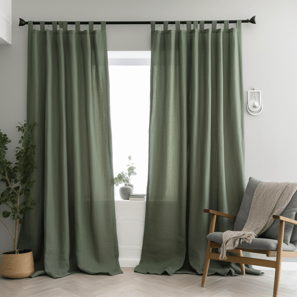 Sage Green Tab Top Linen Curtain with Cotton Lining
